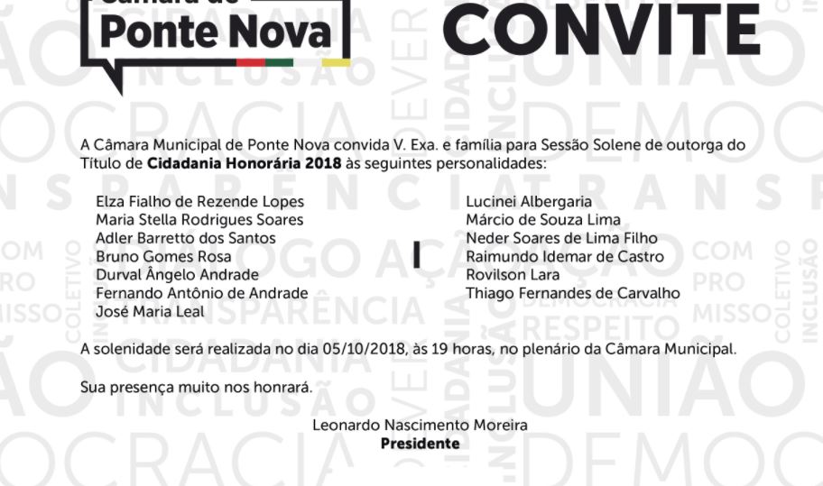 Outorga do Título de Cidadania Honorária será na próxima sexta-feira